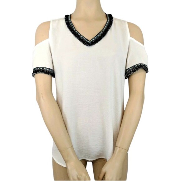 MARC NY Andrew Marc Top  NWT  White Cold Shoulder V-Neck Blouse  w Navy Trim   M - Picture 1 of 9